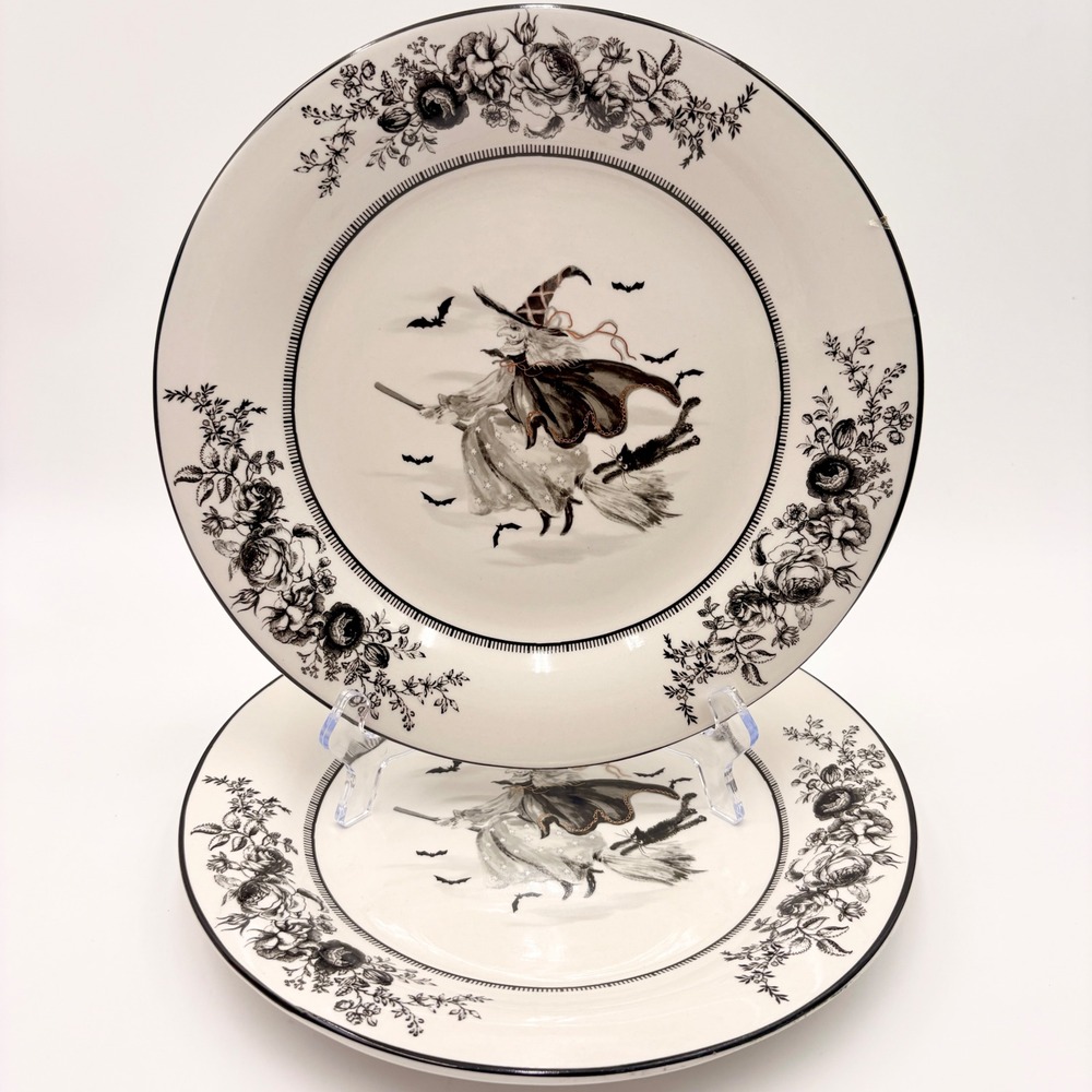 Potter's Studio Halloween Witch Black Cat Rose Dinner Plates Set of 2 Gold Trim